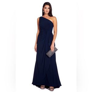NWT Adrianna Papell Blue Midnigth One Shoulder Jersey Gown dress Women size 14